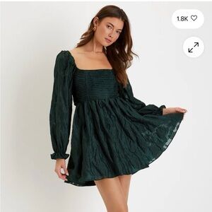 NWT- Lulus Darling Persona Emerald Green Jacquard Puff Sleeve Mini Dress- small